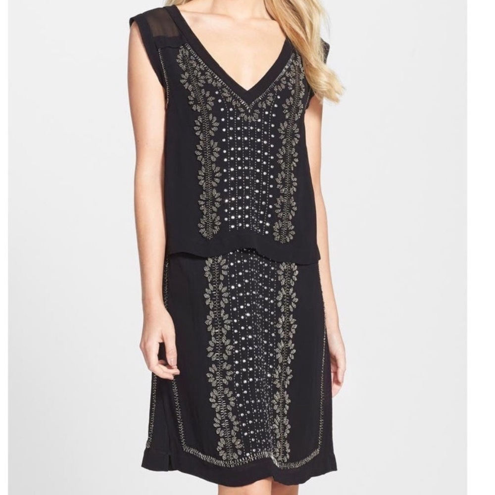 French Connection Black and Gold Embroidered Dress